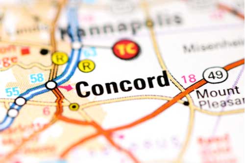 Concord, North Carolina, USA on a map