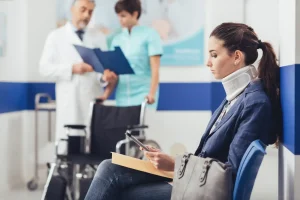A woman wearing a neck brace sits in a waiting area, holding a folder and phone—possibly related to her workers' compensation claim—as a doctor and nurse discuss nearby, with a wheelchair visible in the background.