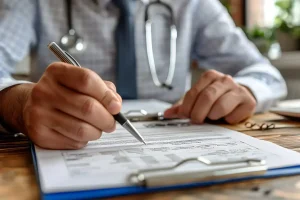 A doctor with a stethoscope around the neck fills out a Workers Comp medical form on a clipboard at a desk.