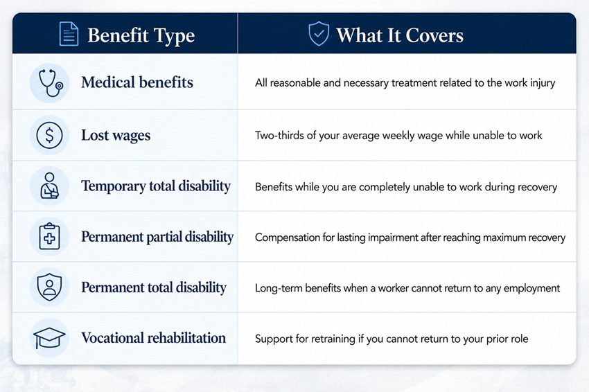 Workers’ compensation benefits chart outlining medical coverage, lost wage benefits, temporary and permanent disability payments, and vocational rehabilitation for remote workers in Charlotte, NC.