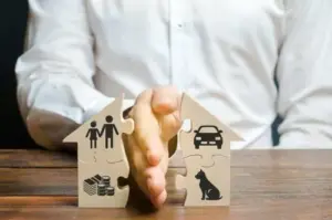 A person in a white shirt places a hand vertically between two puzzle pieces, symbolizing family, money, car, and pet, indicating a division or separation—akin to the expertise of a Gastonia Divorce Lawyer.