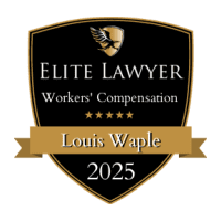 A black and gold shield badge reads "Elite Lawyer Workers' Compensation Louis Waple 2025" with a gold eagle emblem at the top, highlighting distinguished Charlotte workers comp lawyers.