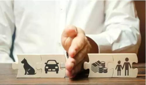A person places a hand between puzzle pieces depicting a dog, car, money, and a family, symbolizing the separation or division of assets.