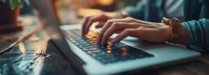 Close-up of hands typing on a laptop keyboard, with a warm ambient light in the background.