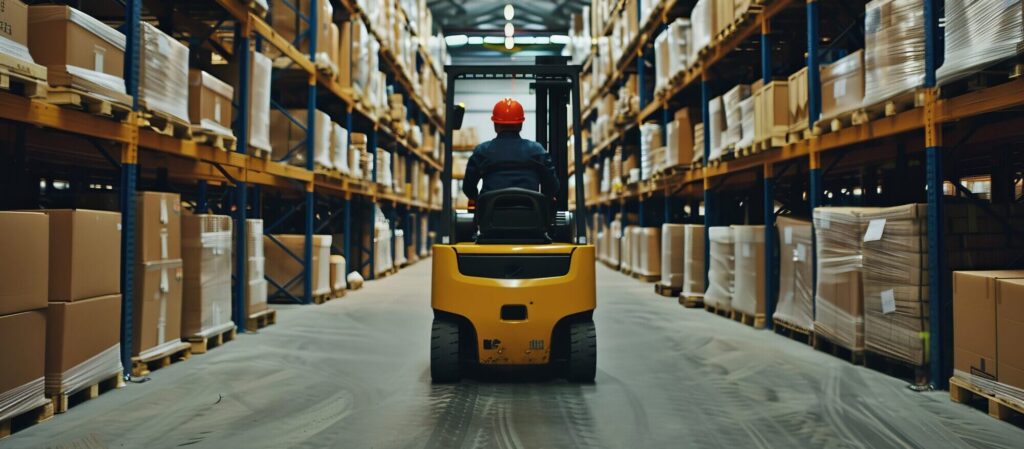 A worker wearing a red hard hat operates a yellow forklift in a large warehouse with shelves filled with boxes and packages, as efficiently as a Monroe Workers Compensation Attorney handles their cases.