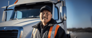 A smiling man in a black cap and orange safety vest stands in front of a white semi-truck on a clear sunny day, perhaps contemplating consulting a Monroe Workers Compensation Attorney for workplace advice.