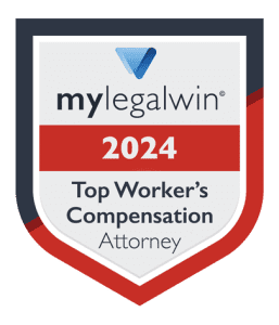 Shield-shaped badge from mylegalwin® that reads "2024 Top Denver Workers Compensation Attorney.