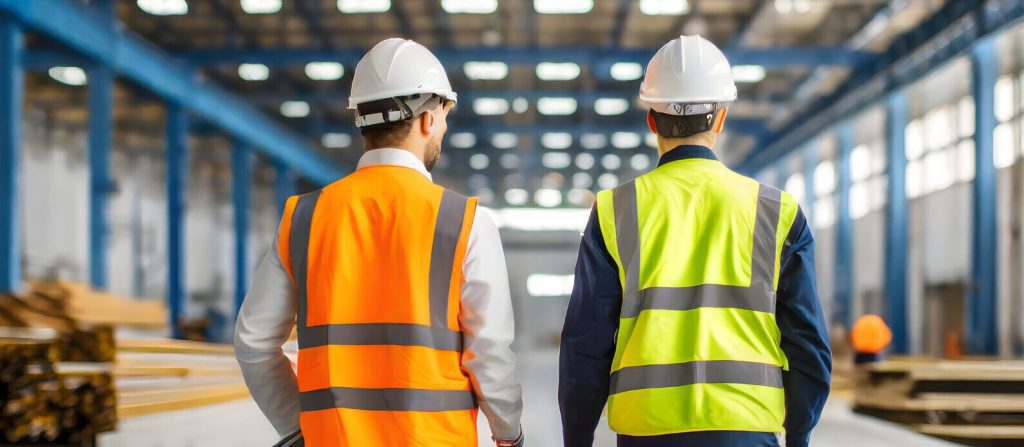 Two workers wearing safety helmets and high-visibility vests walk through a large industrial warehouse.