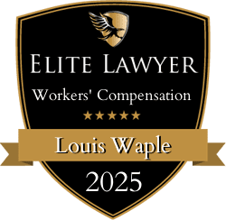 A black and gold badge reads "Elite Lawyer Workers' Compensation, Louis Waple, 2025," with a gold eagle crest at the top—a mark of distinction among top Charlotte workers comp lawyers.