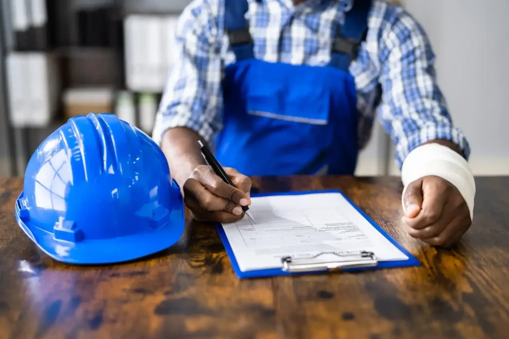 Injured construction worker completing workers’ compensation documents after a workplace injury.