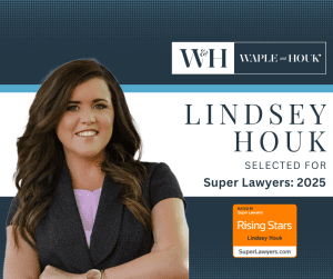 Professional portrait of Lindsey Houk with text stating she was selected for Super Lawyers 2025 and recognized as a Rising Star, representing Waple and Houk—leading Charlotte family law attorneys.