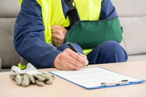 Person with an arm in a sling and wearing a safety vest fills out a form on a clipboard; work gloves rest on the table nearby.