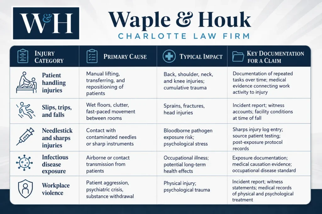 Infographic showing the different types of healthcare worker injuries and their causes and effects.