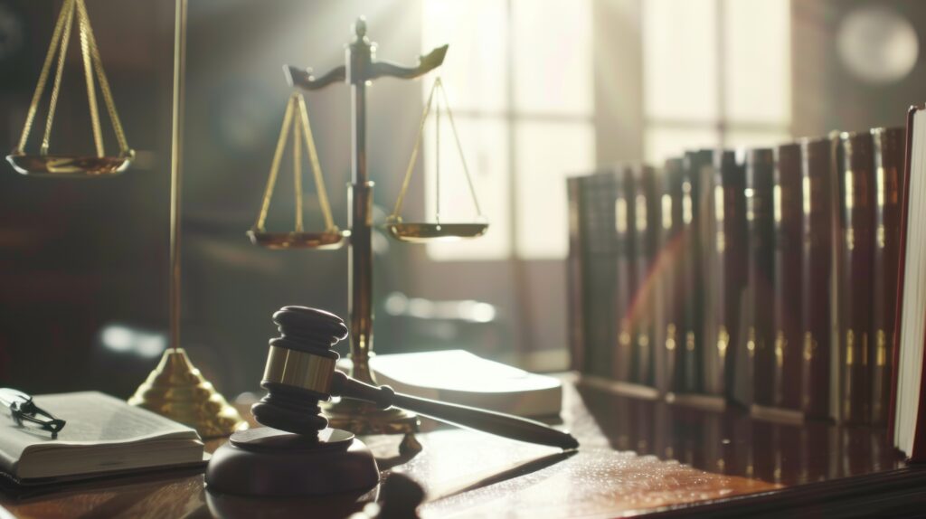 Charlotte Family Law Attorneys. Attorney reviewing legal documents beside scales of justice, symbolizing family law representation and legal guidance in Charlotte.