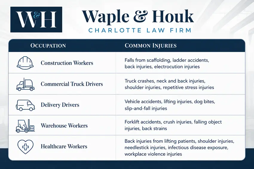 Table infographic showing the common work injuries by occupation type.