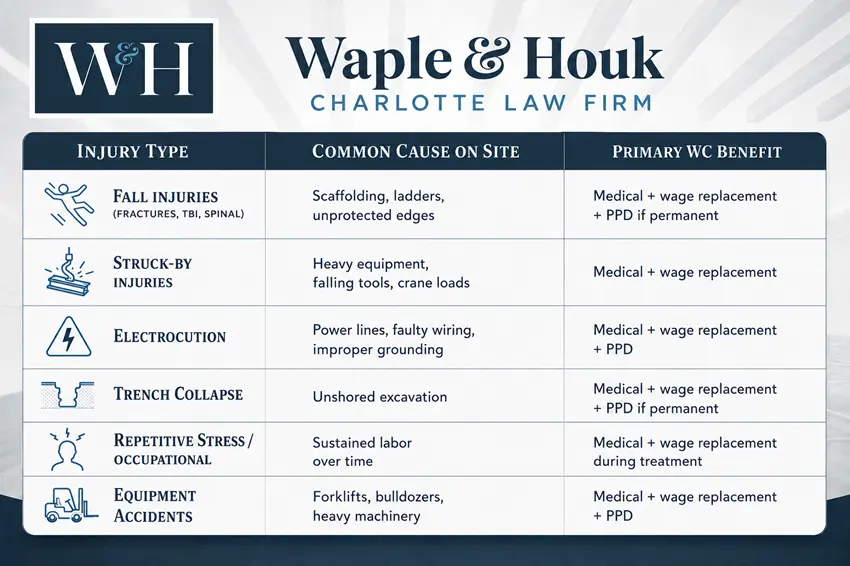 A table highlighting common construction workers' compensation injuries, how they happen, and the benefits often associated with them.