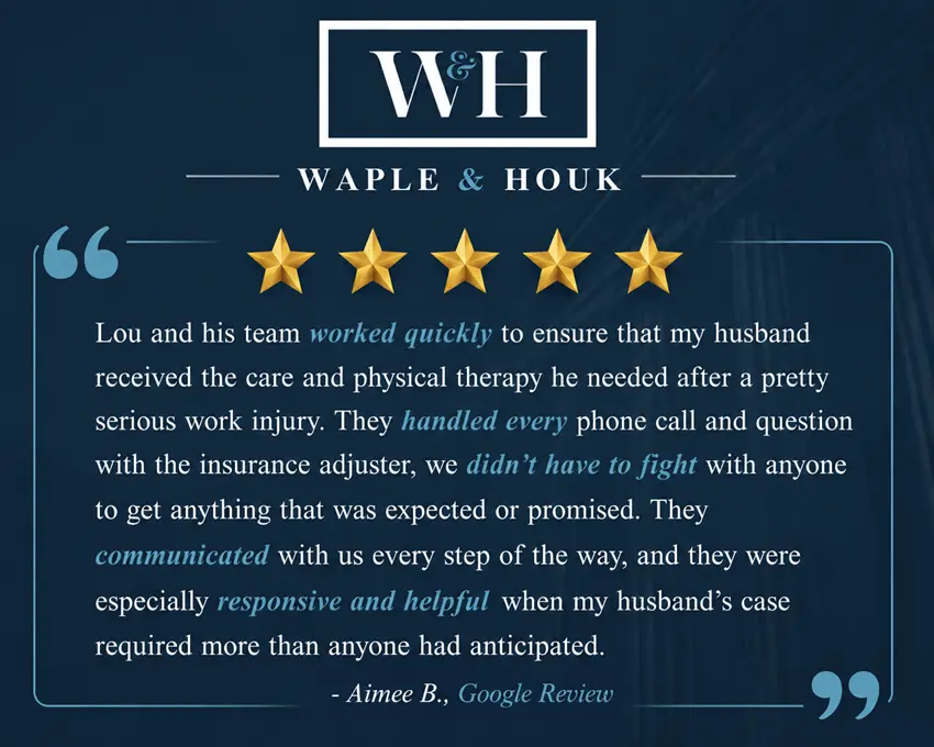 Lou and his team worked quickly to ensure that my husband received the care and physical therapy he needed after a pretty serious work injury. They handled every phone call and question with the insurance adjuster, we didn’t have to fight with anyone to get anything that was expected or promised. They communicated with us every step of the way, and they were especially responsive and helpful when my husband’s case required more than anyone had anticipated. -Aimee B., Google Review