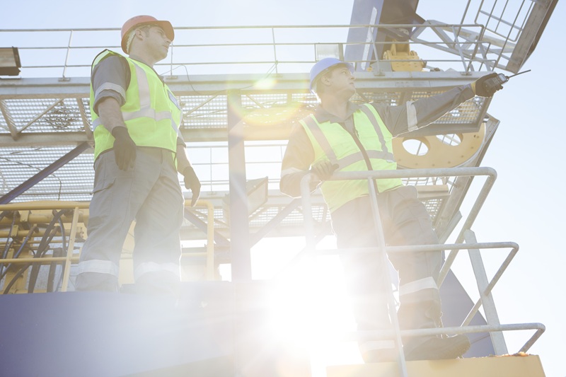 Workers completing job duties in a bright, sunny environment.