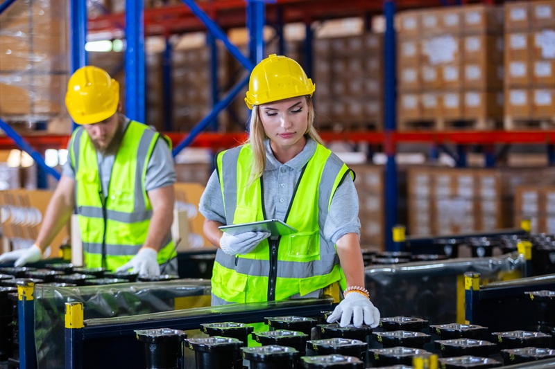 A warehouse worker is checking a potentially hazardous material in their inventory system.