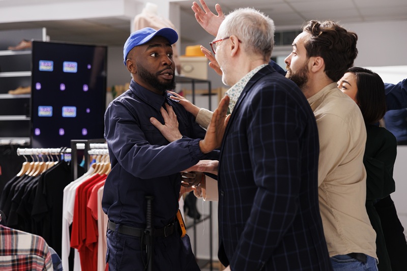 A security guard dealing with a potentially violent situation.